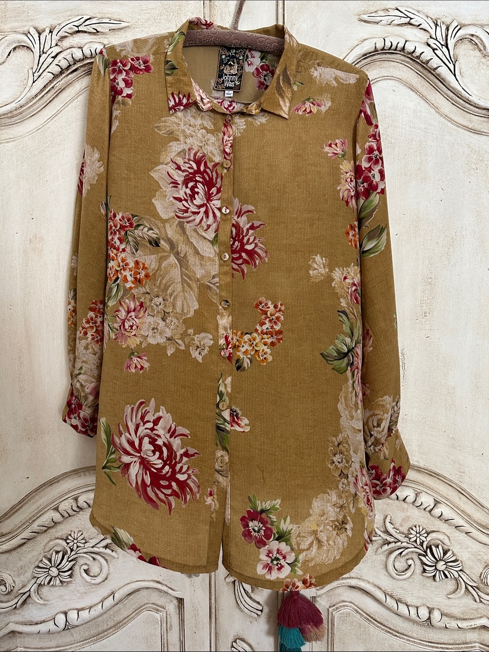 Johnny Was Mustard button up blouse Tunic with Pink Flowers. FABulous fabric!!